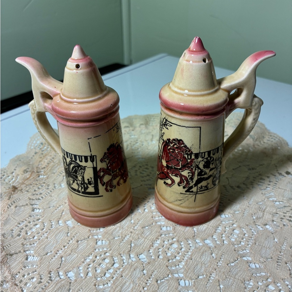 vintage ceramic salt and pepper shaker designed to look like a German beer stein